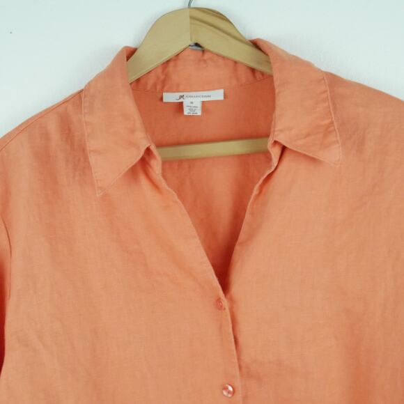 JM Collection Size 16 Top 100% Linen Orange Button Up Roll Tab Sleeve Beachy - Picture 3 of 7